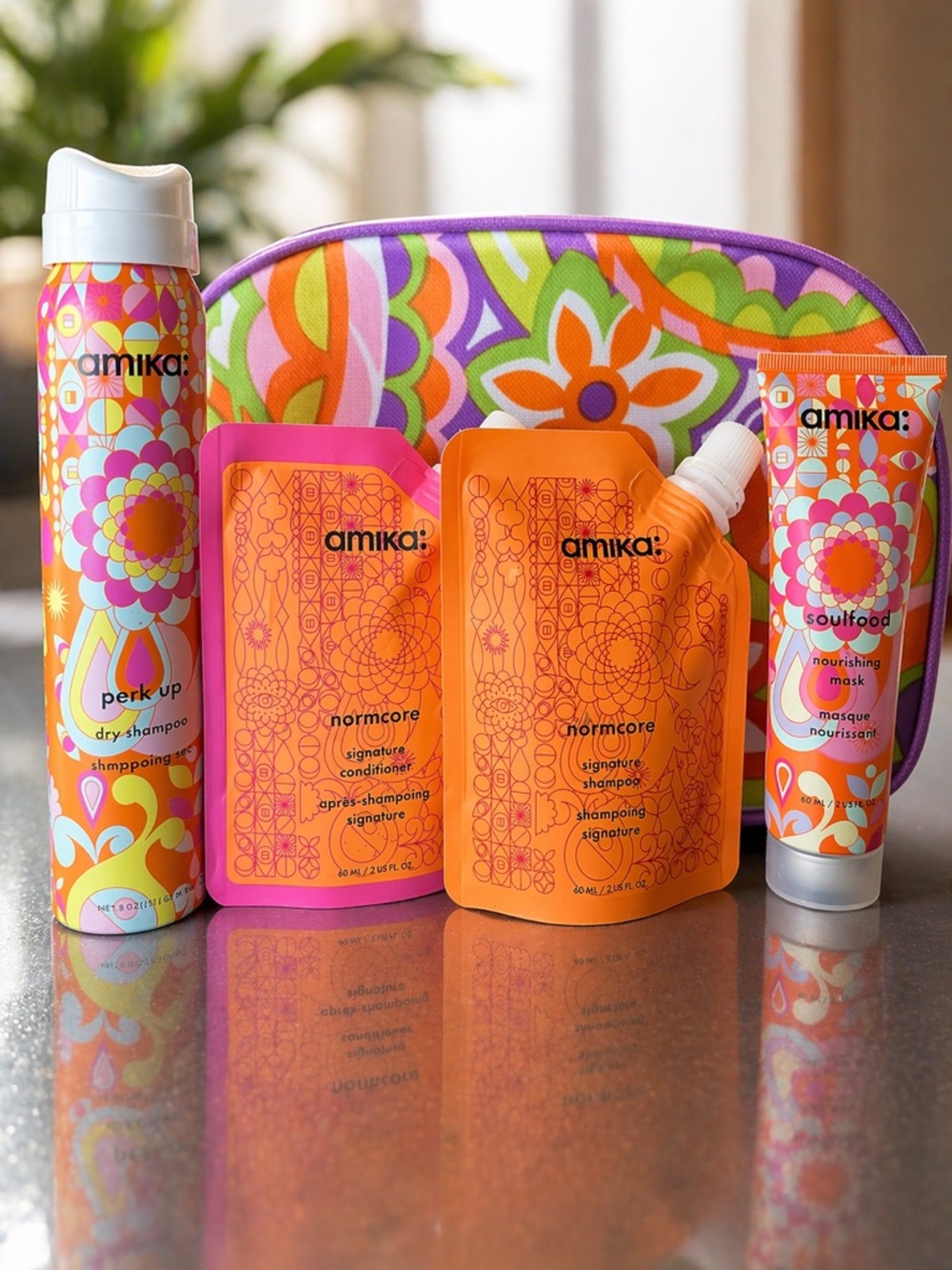 Amika Cosmetic Bag + Travel Haircare Set - Cute Floral Makeup Bag
